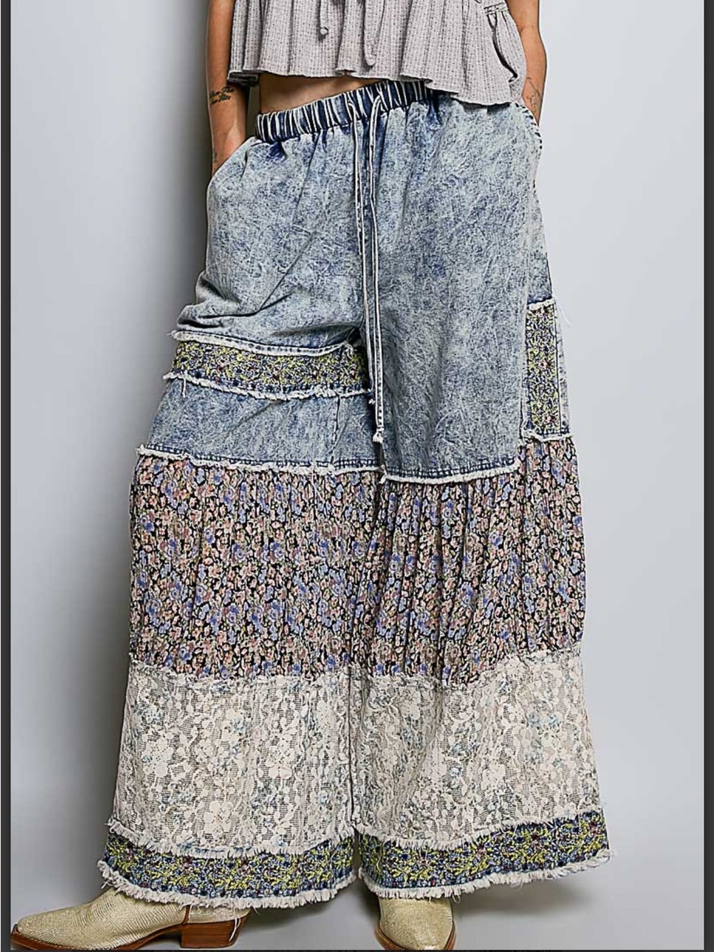 POL Boho Patchwork Wide-Leg in Denim multi color